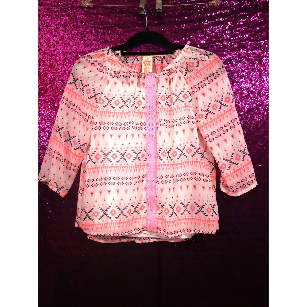 Pink Geometric Blouse L 10-12 Faded Glory Girls 3/4 Sleeve Lace Trim FG17T385